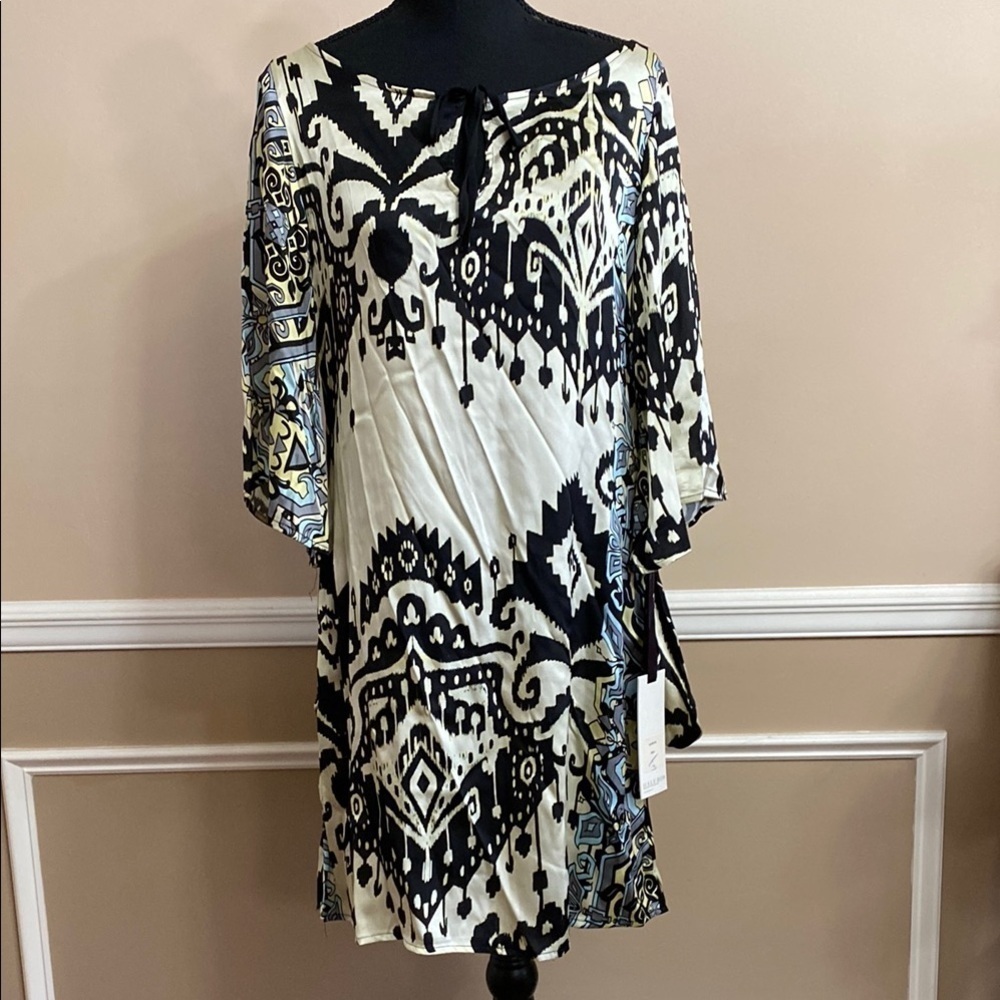 Black and Cream Patterned Dress with Tie  Neck and Pockets